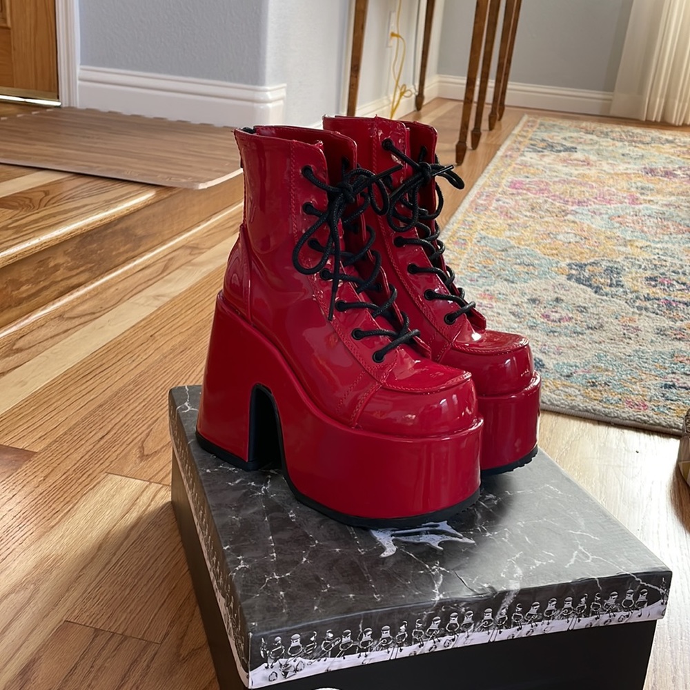 Demonia Camel 203 patent red platform boots